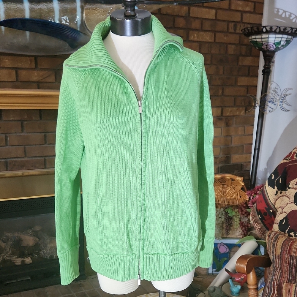 Jones New York Signature Green Zip Cardigan 100% Cotton Size XL Close Knit